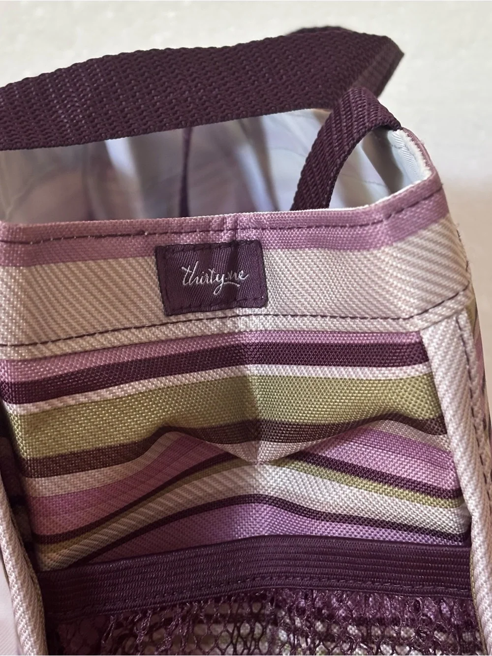 Thirty-One Small All In One Organizer Mini Utility Tote Purple Stripe